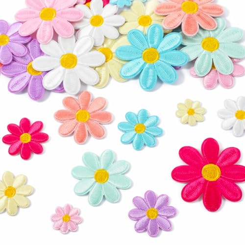 32Pcs 4 Sizes Daisy Flower Iron on Patches Multicolor Cute Floral Embroidery Applique Daisy Patch for Clothes Jeans Jacket Hats