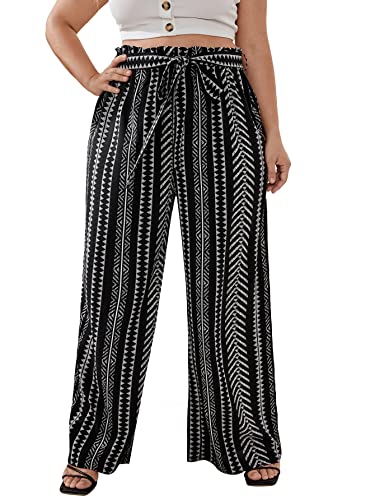Wdirara Women's Plus Size Printed Drawstring Waist Split Side Wide Leg Pants Black Boho 3Xl #TOP8