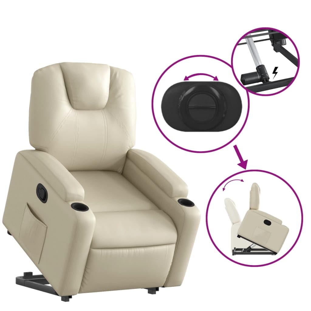 Fotel relaksacyjny z funkcją wspomagania wstawania, kremowy, ze sztucznej skóry, regulowany, z funkcją leżenia, ergonomiczny, wygodny do czytania, biura, z podłokietnikami i stabilną
