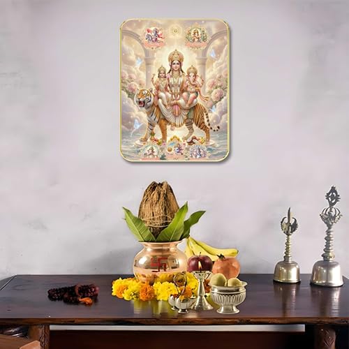 Image of SAF Durga Parivar Wall Art with Table Top Stand & Wall Hanging Hole | Maa Durga Family MDF Religious Painting for Home Mandir Vastu Decor