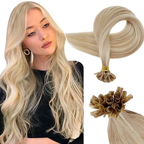 RUNATURE Remy U Tip Hair Extensions Golden Blonde Highlight Light Blonde U Tip Real Human Hair Extensions Straight Pre Bonded utips Hair Extensions Human Hair 20 Inch 50g