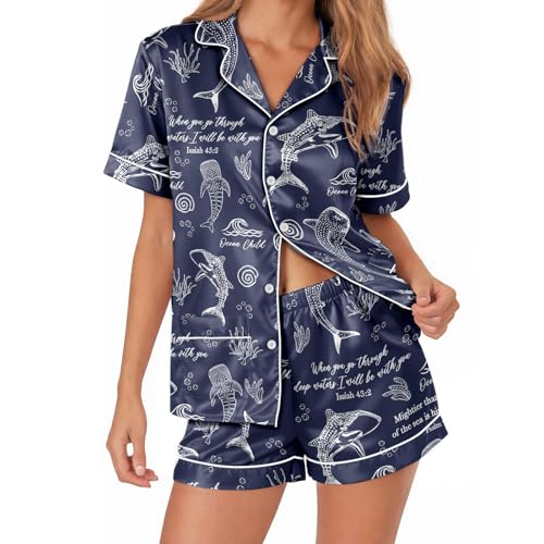 Image of Women's satin pajamas set, Short-sleeve button down Loungewear | Exclusive print on soft satin fabric; breathable comfort for sleep or lounge; button front top, elastic shorts; easy care