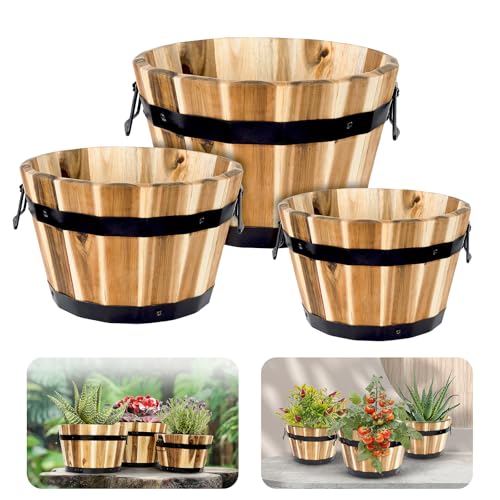 Idzo Set of 3 Wooden Flower Boxes Outdoor, Durable Acacia Wood Barrel Planters for Outdoor Plants with Ergonomic Handles, Drainage Holes, Multiple Sizes Wood Bucket Planter for Home Decor