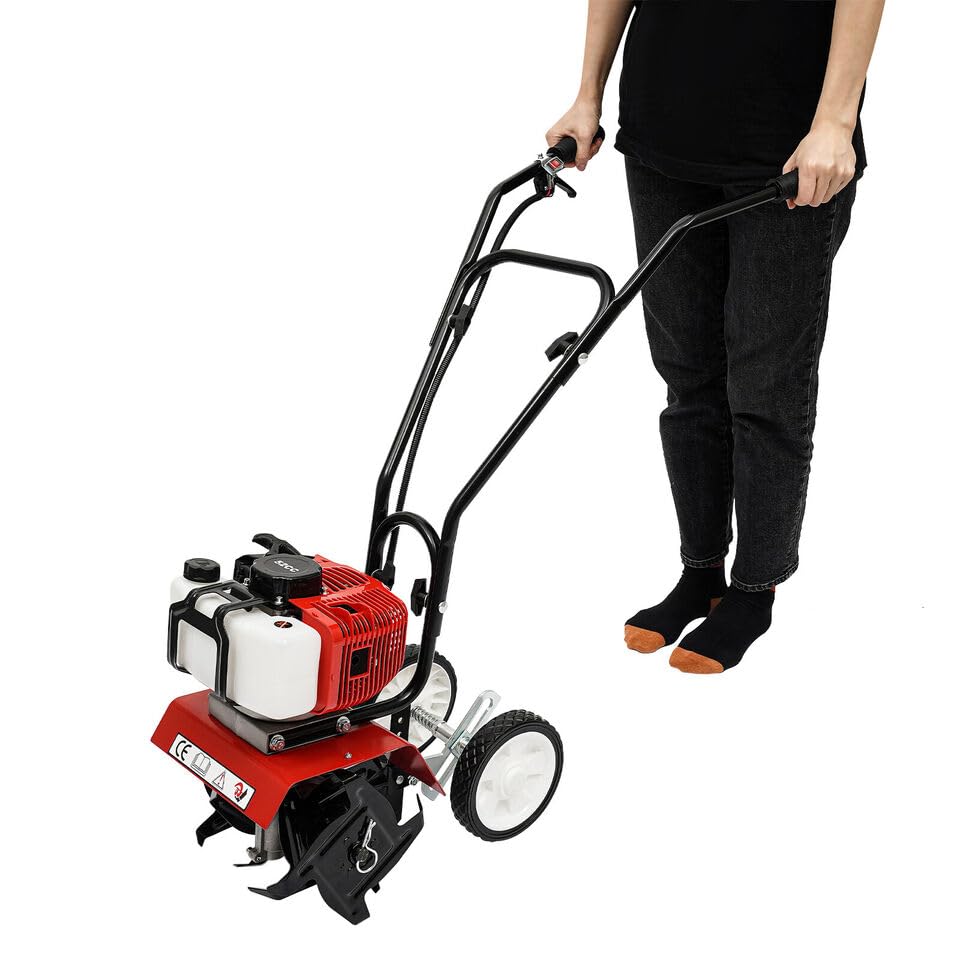 2 Stroke 52CC Cultivator, Mini Garden Cultivator, Gasoline Powered Garden Farm Cultivator, Soil Tiller, 6500rpm for plowing, tilling, weeding.