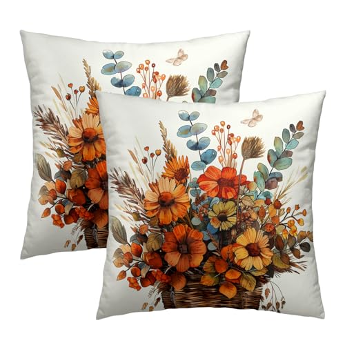 Giwawa Fall Flowers Throw Pillow Covers 20x20 Inch Set of 2 - Orange Floral Leaves Plant Autumn Harvest Decoration Pillowcases Cushion Cover for Bedroom Couch Sofa Home Porch