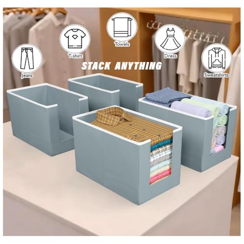 Image of Foldable Shirt Stacker Organiser (Set of 4) - Non-Woven Wardrobe Storage for Shirts, T-Shirts, Sarees & Trousers | Front-Open Closet Organiser | Grey