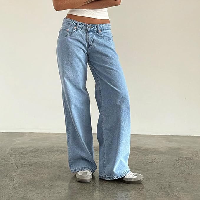 Flvsun Women's Wide Leg Low Waisted Baggy Jeans Casual Loose Y2K Boyfriend Straight Denim Pants - Image 2