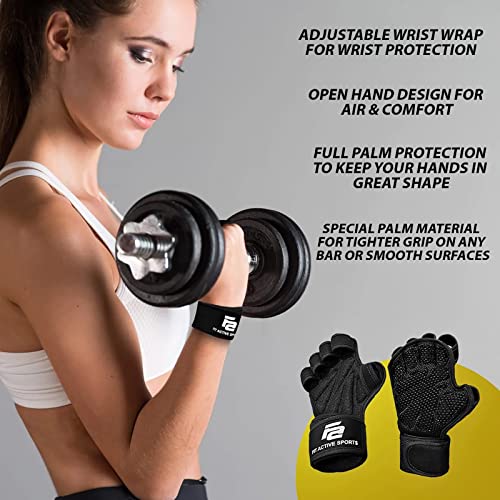 Fit Active Sports New Ventilated Weight Lifting Gloves with Built-In Wrist Wraps, Full Palm Protection & Extra Grip. Workout Grips for Pull Ups, Cross Training, Fitness, & Weightlifting. Men & Women