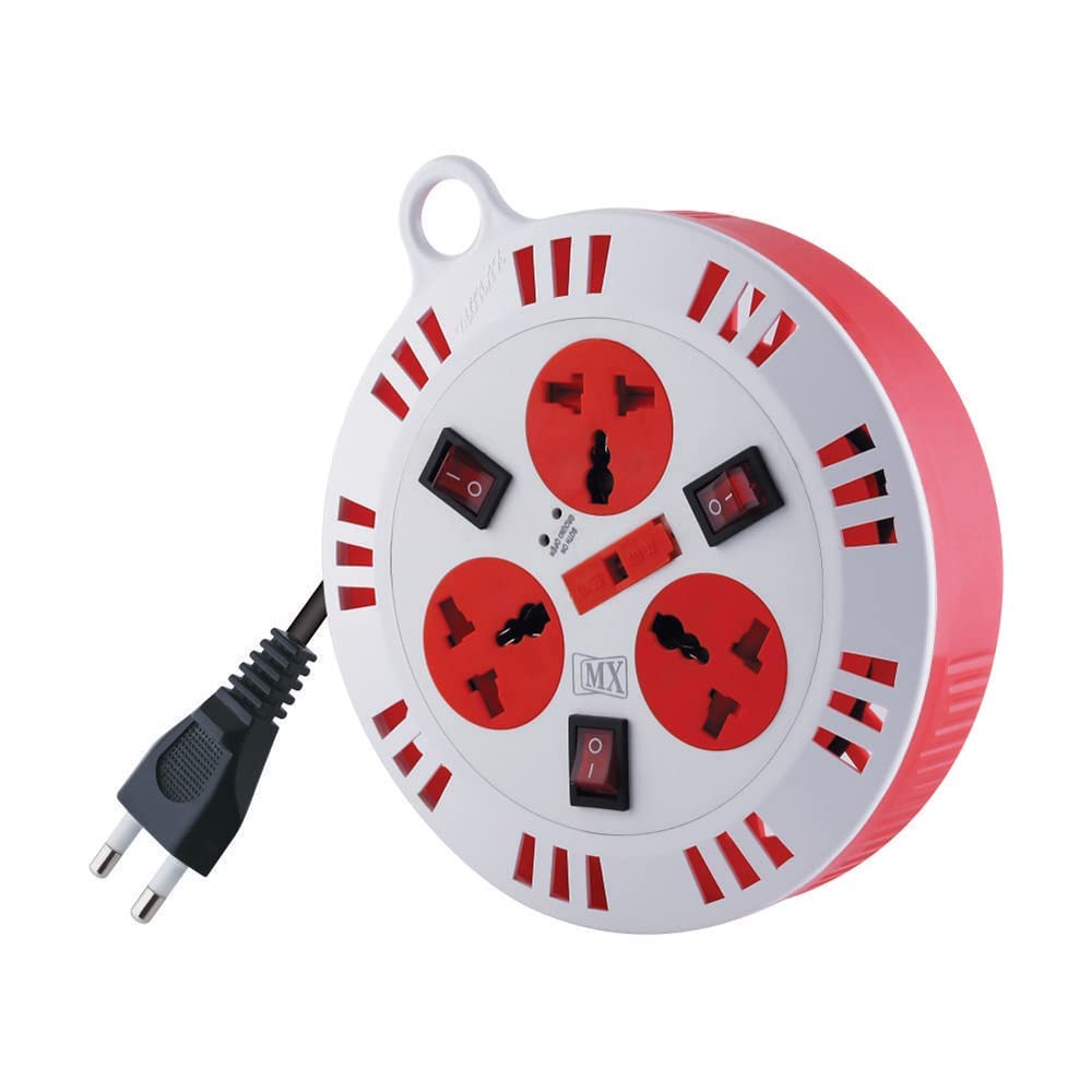 MX Round Extension 39 Ft Extension Cord 3 Outlet/Fuse Protector/Safety Sutter - Universal Socket Master Switch Board for Charging Charging Station Wall Mouth Home Office (12m)