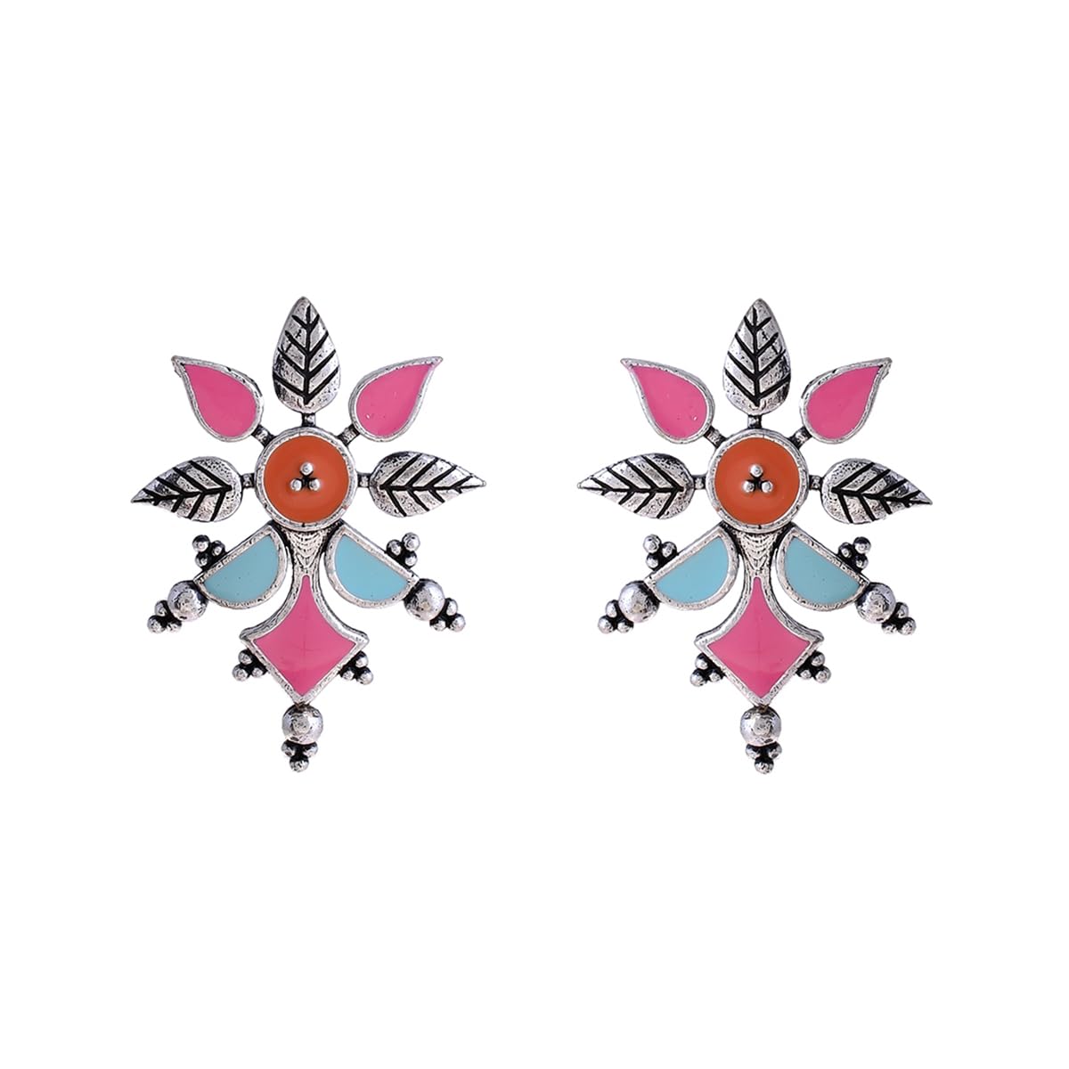 Brass Oxidised Dreamy Enamel Floral Shape Blue Earrings for Women and Girls