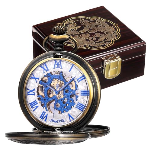 Image of ManChDa Mechanical Roman Numerals Dial Skeleton Pocket Watches with Luxury Wooden Box and Chains for Mens Women