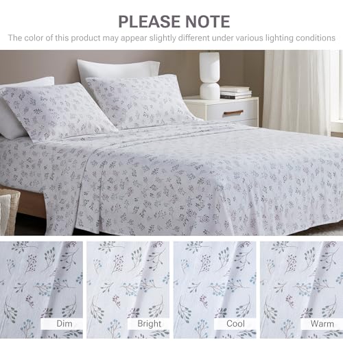 Image of True North by Sleep Philosophy Flannel Sheets King Size, Cozy 100% Cotton Flannel Bed Sheets, Ultra Soft Sheet Set, Novelty Print Themed Cold Weather Warm Bedding Set, White Tossed Botanical, 4 Piece