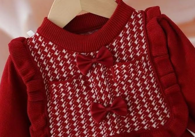 Girls Long Sleeve Sweater Dress Houndstooth Design Bow Decorated Chest and Hem Dress4