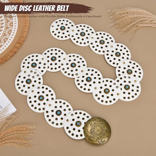 Western Leather Belts for Woman Boho Cowgirl Wide Disc Belt for Women Concho Cowboy Waist Belts for Dress (White-bronze Buckle, 41'' (fits waist size up to 37''))4