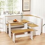 KOBY HOME Breakfast Nook Kitchen Corner Dining Table Bench Chair Set, Space-Saving 3-4 Seat L-Shape for Family Home White Wood