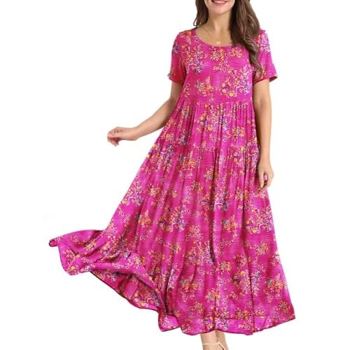YESNO Women Dresses Casual Plus Size Bohemian Short Sleeve Floral Long Maxi Summer Beach Swing Dress/Pockets EJFUK