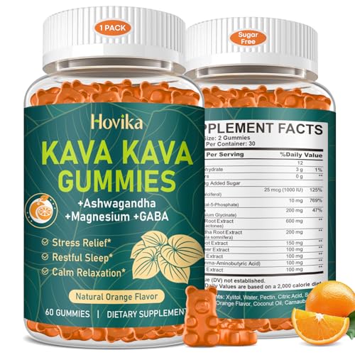 Hovika Kava Kava Gummies - Kava Root Extract with Ashwagandha GABA & Magnesium for Calm Relaxation Sleep & Stress Support - Sugar Free Orange Vegan 60 Count