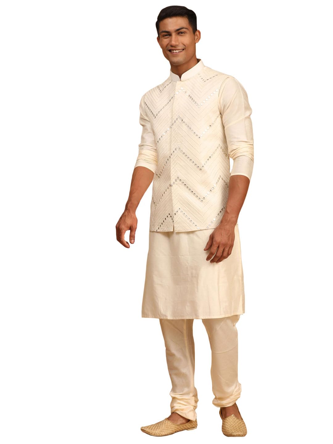 vastramay Men's Cream Viscose Jacket, Kurta and Pyjama Set | Mirror Work Chevron Pattern Chic Jacket Kurta Pyjama & Dupatta set For Men-picture-15