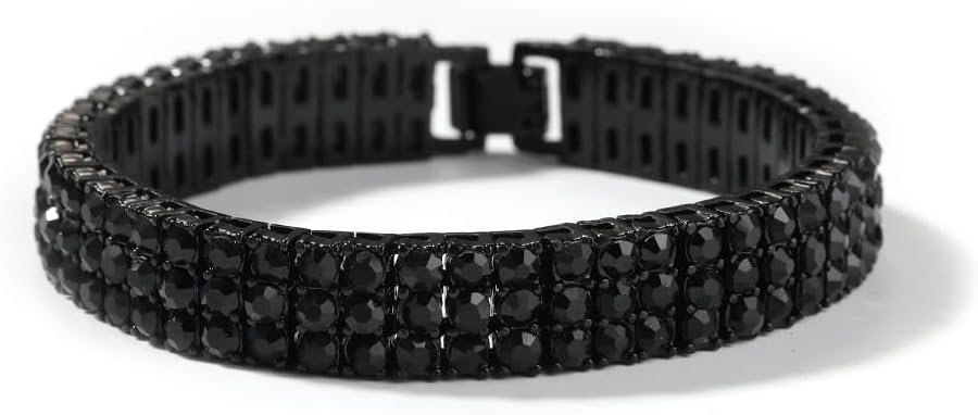 Mens 8-inch 3-row Iced Out Rhinestone Black Tennis Chain Bracelet