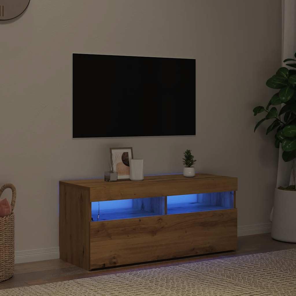 Szafka pod TV z oświetleniem LED RGB, dąb artisan, 90x35x40 cm, meble RTV z szufladą i półkami, nowoczesna komoda do salonu z regulacją kolorów, solidna i pojemna