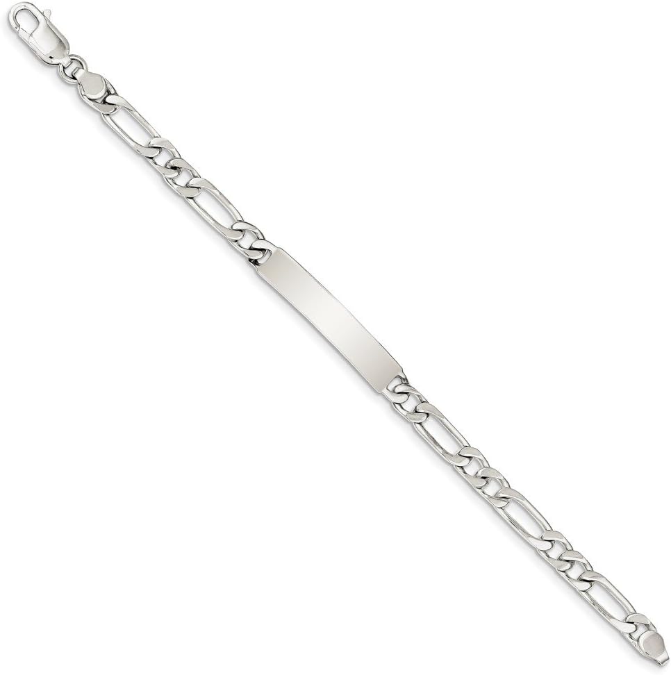 Solid 925 Sterling Silver 8inch Engravable Figaro Link ID Bracelet Engravable Identification Name Bar Tag - with Secure Lobster Lock Clasp 8" (Width = 7mm)