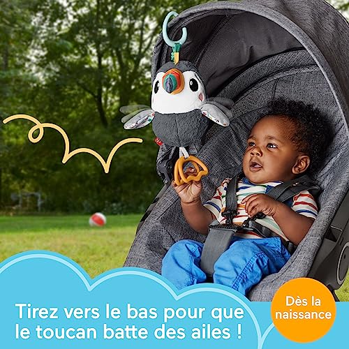 Fisher-Price Toucan À Agiter Partout Jouet en Peluche pour Poussettes, Jouet Sensoriel Qui Claque À Texture Froissée avec Battements D’Ailes, Jouet Enfant, Dès La Naissance, HNX66