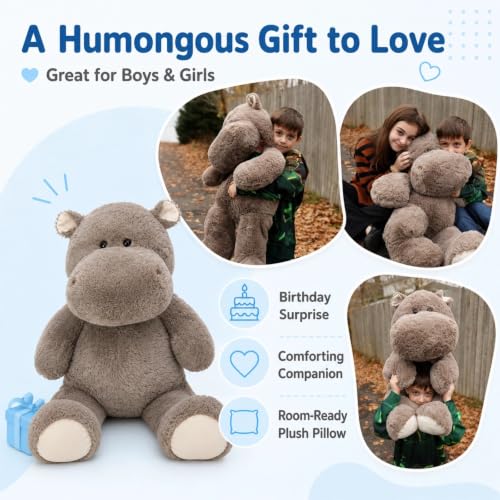 Image of BENINY 36 Inch Giant Hippo Stuffed Animal, Oversized Gray Hippo Plush Pillow, Soft Humongous Hippopotamus Toy Gift for Kids, Boys and Girls