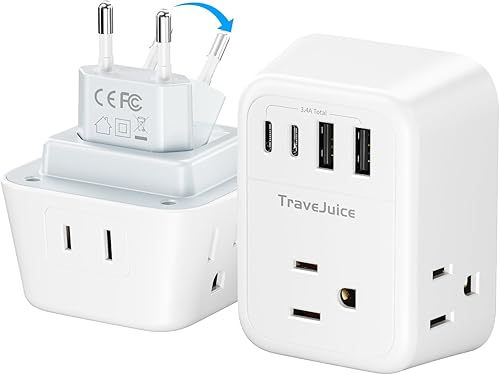 Adaptador de enchufe de viaje europeo, adaptador de enchufe internacional TraveJuice con 4 puertos AC 4 USB (2 USB-C), adaptador plegable tipo C,