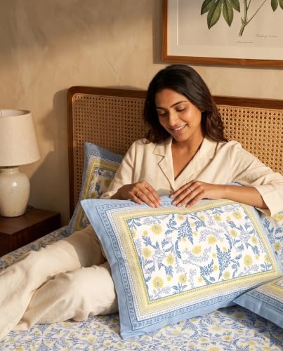 Image of Naksh Queen Size Bed Sheet Blue Floral Print 90 inch x 108 inch