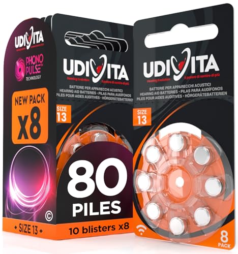 80 Piles Auditives Taille 13 Udivita PR48 (Orange) Technologie Phono Pulse Zinc-Air Hearing Evolution - 10 Blisters de 8 Piles