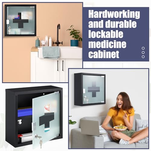Botiquín de pared con cerradura Huwena, 2 unidades, para medicamentos y primeros auxilios, con 2 estantes, puerta de vidrio de seguridad, para baño (negro) miniatura 5