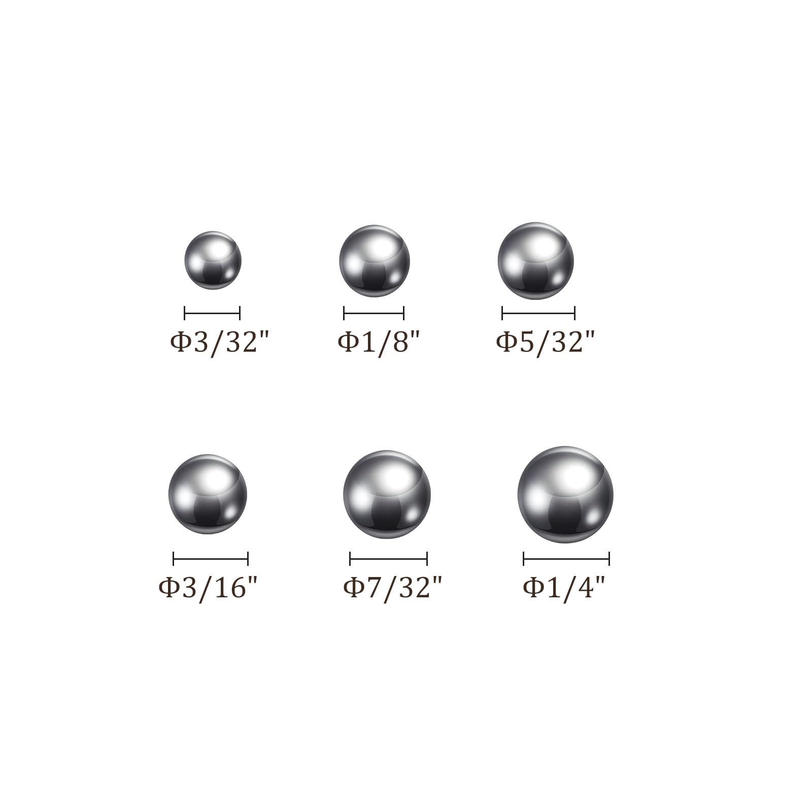 300pcs Précision Billes - [1/4" 7/32" 3/16" 5/32" 1/8" 3/32"] 6 Tailles Carbone Acier pour Roulements Vannes Utilisation, Solide