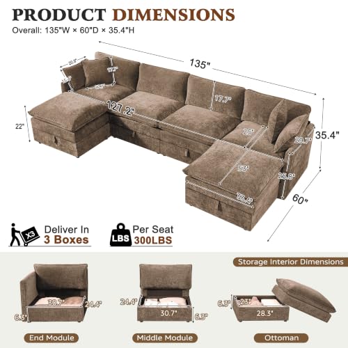 Image of Ihanherry 135 inch Modular Sectional Sofa with Storage, U Shaped Cloud Couch with Movable Ottomans & 4 Pillows, Chenille Deep Seat Sectional Couches for Living Room, Apartment (Brown)