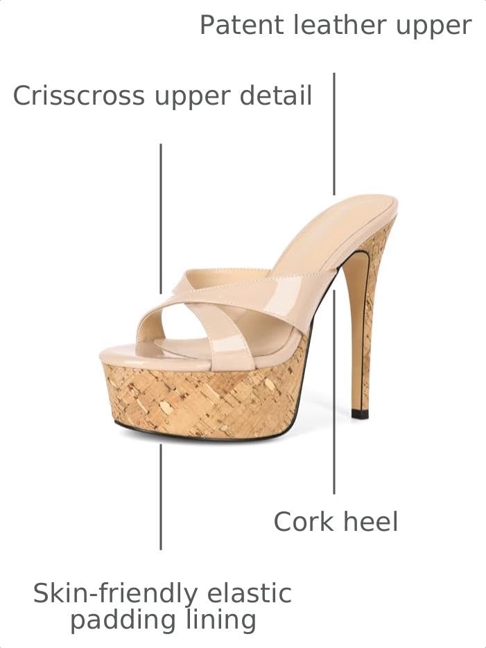 Image of Esvowido Heeled Mules for Women Cork Platform Stiletto Heels Slip on Open Toe High Heeled Sandals Crisscross Slippers Pumps Shoes
