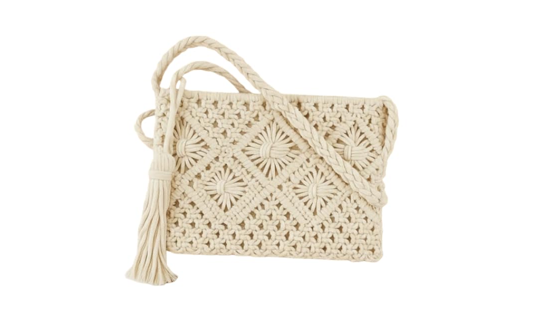 r.r.lala Handcrafted Cotton Macrame Crossbody Sling Bag for Women, Boho Chic Handmade Shoulder Purse with Tassel for Daily Use,- Size: Width 25 cm x Length 20 cm Off White COLOR-picture-53