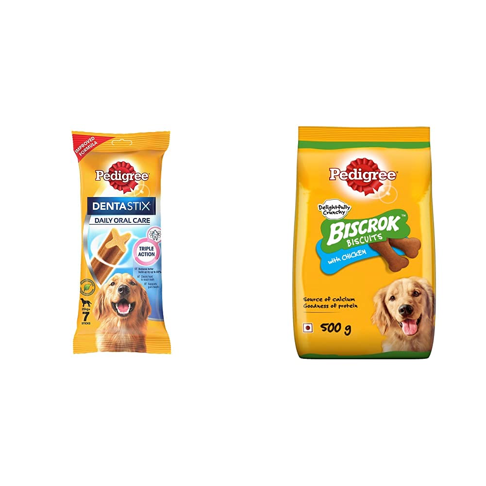 Pedigree Dentastix Dog Treat Oral Care for Adult Large Breed (25 kg+), (7 Sticks) 270g Weekly Pack & Biscrok Biscuits Dog Treats (Above 4 Months), Chicken Flavor, 500g Pack (B0977FMQDF) Amazon Price History, Amazon Price Tracker