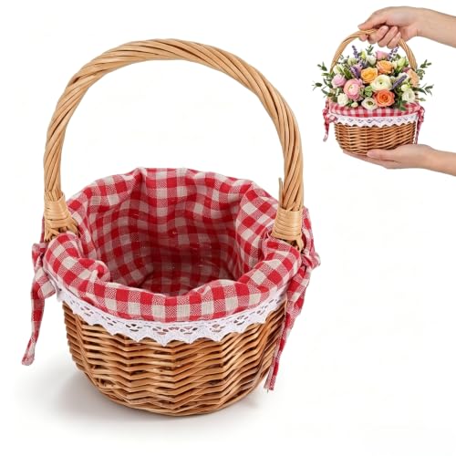 Image of Tofficu Handwoven Round Wicker Flower Basket with Handles Natural Color Red Check Lining Handcrafted Storage Basket for Easter, Wedding, Picnic, and Party Favors