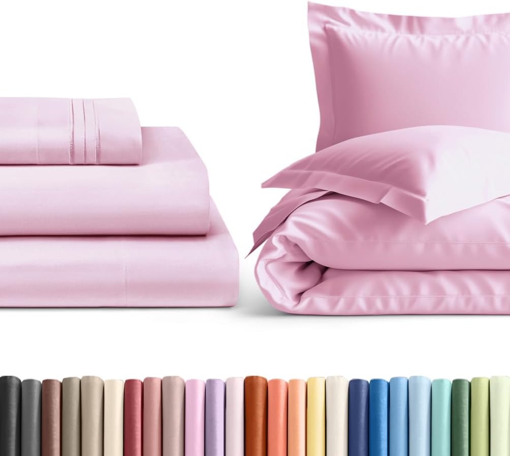 3pc Light Pink Sheet Set with Duvet (Twin XL Size) Bundle - Bed Set Includes Fitted Sheet, Flat Sheet, Duvet Cover and Pillow Cases/Shams - Hotel Luxury Bedding Set - Breathable & Cooling Du