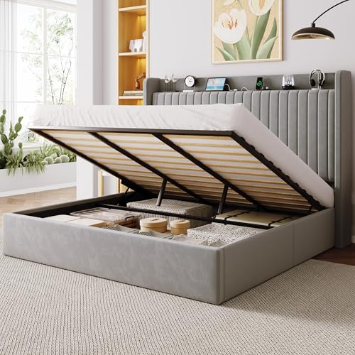 Image of Allewie King Size Lift Up Storage Bed Frame,Storage Shelf Headboard with Charging Station,Type-C and USB Ports,Hydraulic Support,Velvet Upholstered Bed Frame,No Box Spring Needed,Grey