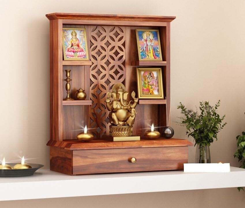 Santosha Decor Wall Mounted, Free Stand, Pooja, Mandir, Sheesham (Rosewood) Solid Wood Home Temple (Brown), 63.5 Cm, 26.67 Cm