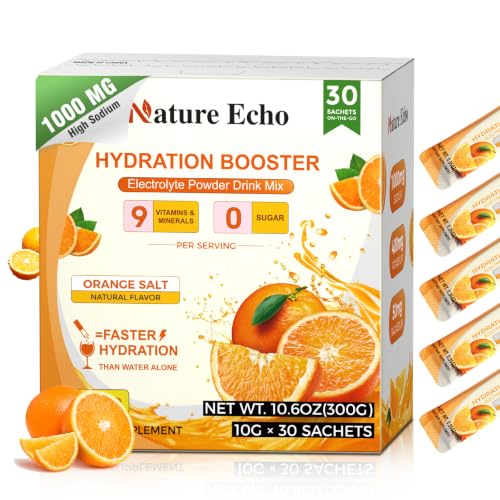 Electrolyte Supplement-1000mg Sodium with Potassium, Magnesium & B Vitamins, Zero Sugar Hydration Drink Mix for Dehydration Relief, Keto Friendly, Vegan, Gluten Free, Non-GMO, Orange Flavor(30-Count)