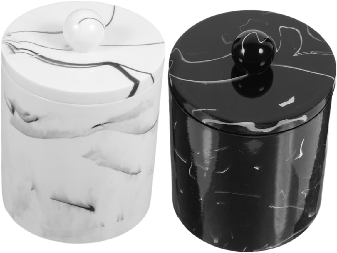 Cabilock 2pcs Marble Pattern Cotton Swab Container Lid Stylish Organizer for Makeup Sponges Toothpicks and Hair Accessories Compact Design for Bathroom Dresser and Living Room Storage