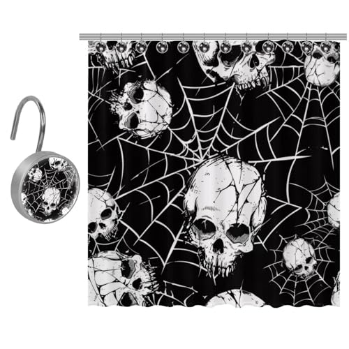 VAPOKF Rideau de douche en polyester avec 9 crochets en acier inoxydable pour salle de bain rustique Motif têtes de mort sur toile d'araignée 122 x 182 cm
