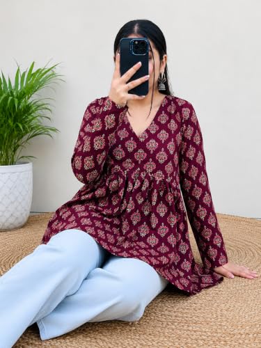 Image of Women's V Neck Anarkali Short Kurti for Women Full Sleeve Floral Print |Stylish Kurtis & Short Kurtis for Woman | Casual Kurti with Jeans | Kurtas for Woman