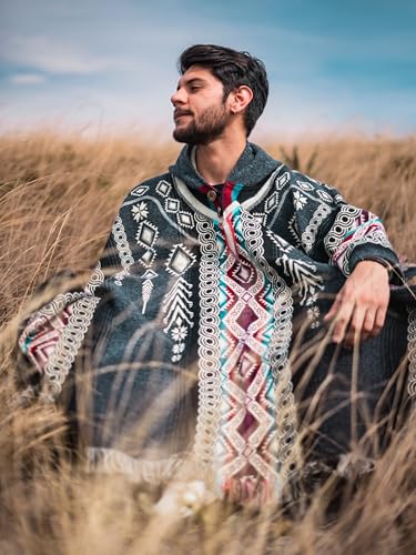 Image of Alpaca Mens Poncho with Hood - Cowboy Serape Western Poncho - Clint Eastwood Poncho for Men - Ecuadorian Cloak with Hood Men