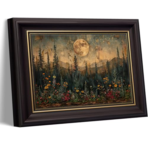 KXYUWHLMA Dark Forest Brown Frame Wall Art, Vintage Full Moon Landscape Canvas Print, Moody Woodland Nature Wall Decor for Farmhouse Bedroom Living Room Gallery 9x11 inch