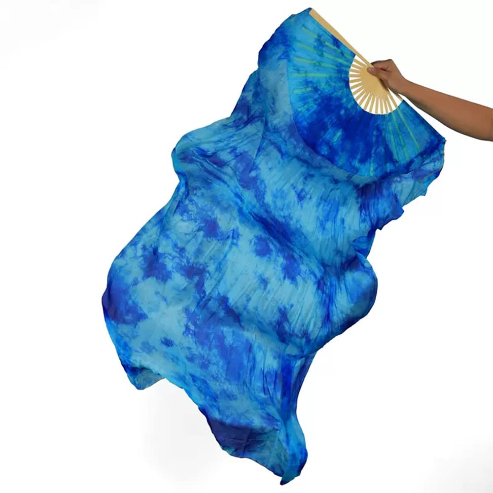 TMZAQH Women 1 Piece Right Hand Real Silk Long Belly Dance Fan Veils 150 * 90 cm, Blue Tie-dyed, 150 * 90 cm