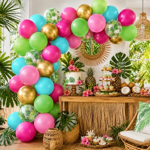 Image of Tropical Balloons, 50Pcs 12 Inch Pink Green Teal Gold Printed Latex