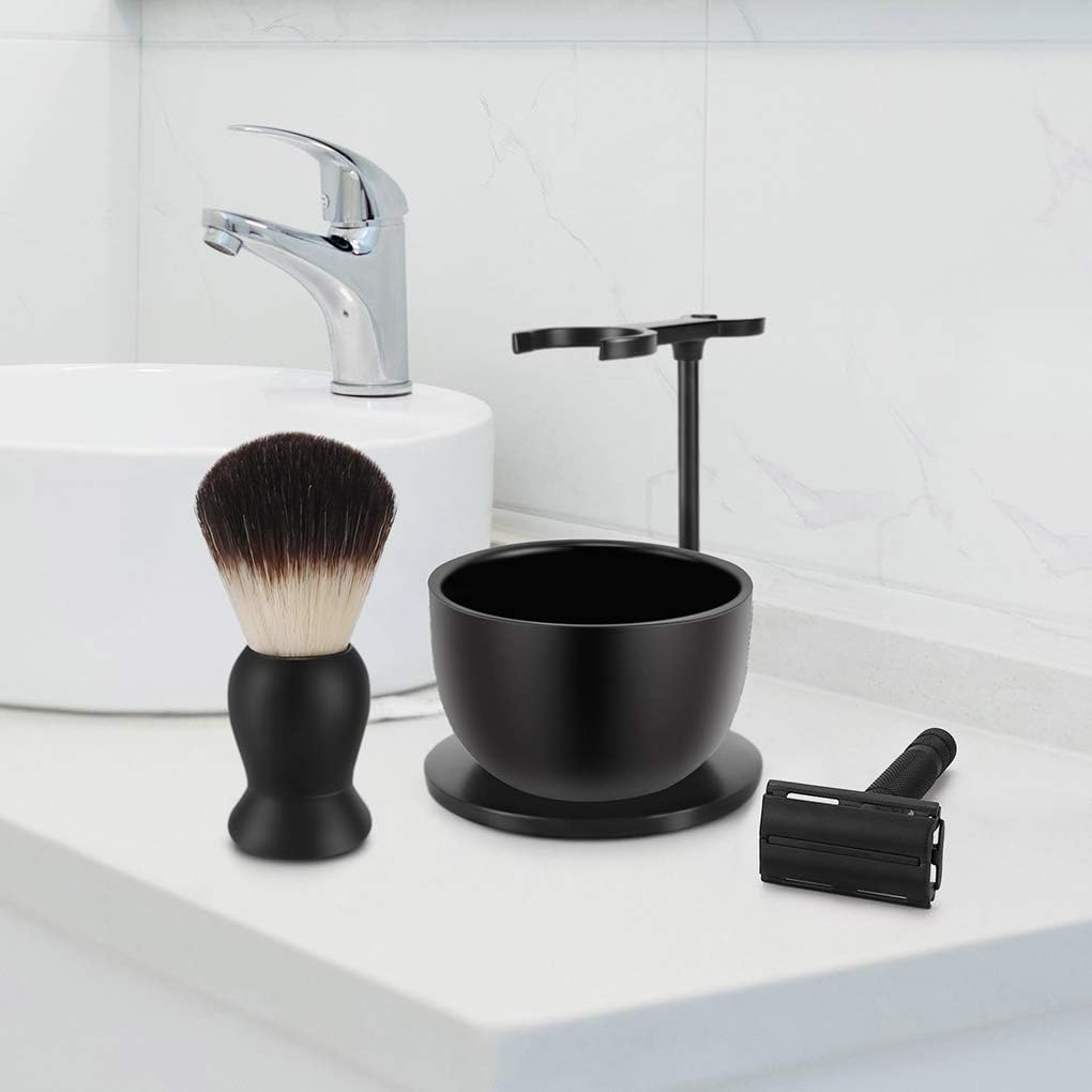 SANWA Shaving Brush and Razor Stand with Stainless Steel Soap Bowl and High end Synthetic Nylon Brush Set - Image 3