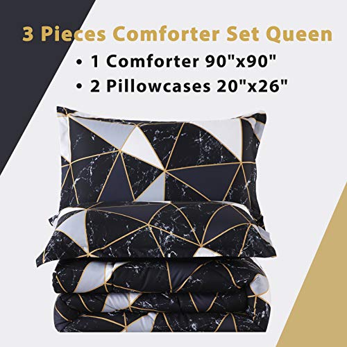 Litanika Black Comforter Set Queen, 3 Pieces White Black Geometric Triangle Bedding Set, Lightweight Soft Comforter For All Season(1 Comforter, 2 Pillowcases) #TOP1